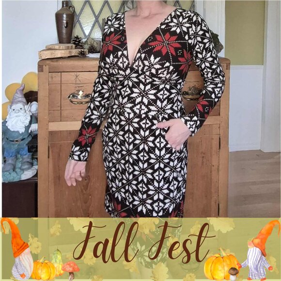 🍂 20% OFF - Cream Brown Orange Scandinavian Floral Print Knit Midi Fitted Dress - Picture 1 of 16